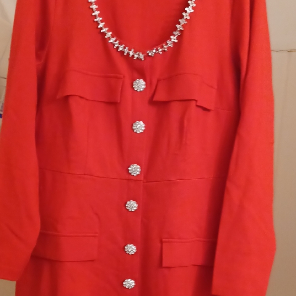 Eloquii Red Long Sleeve Dress with Embellished Neckline - Picture 2 of 10